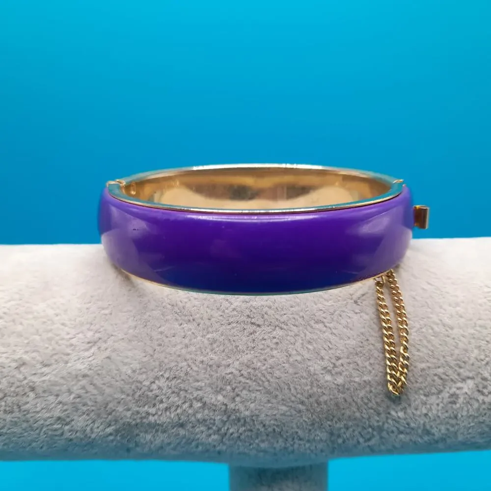 Vintage Purple Hinged Bracelet, Gold Tone, Safety Chain